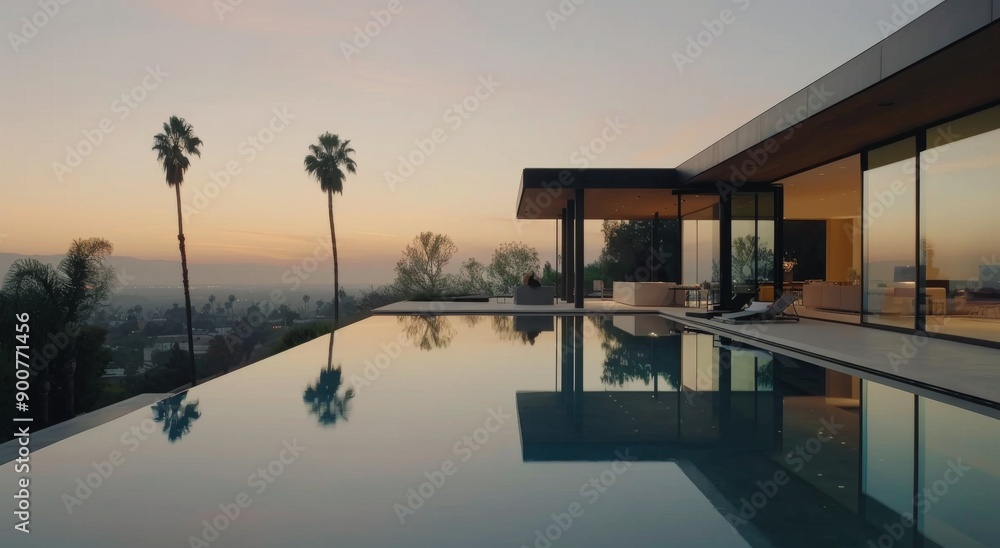 Fototapeta premium Modern Home With Infinity Pool at Dusk