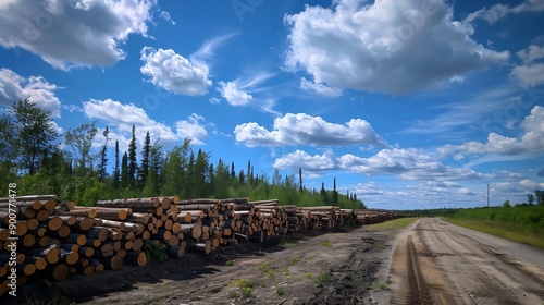Big pile of wooden timber pine logs stacked near dirt road countryside against blue sky and forest. Sawmill woods cutting industry. Illegal deforestation. Firewood logging for winter heating