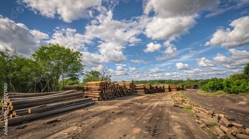 Big pile of wooden timber pine logs stacked near dirt road countryside against blue sky and forest. Sawmill woods cutting industry. Illegal deforestation. Firewood logging for winter heating