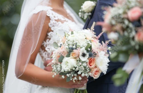 Bride Holding Peach And White Bouquet