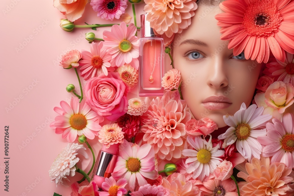 Close-up of woman's face surrounded by pink and orange flowers with perfume bottle on pink background. Flat lay composition with copy space. Beauty and floral decoration concept. Mockup. Generative AI Close-up of woman's face surrounded by pink and orange flowers with perfume bottle on pink background. Flat lay composition with copy space. Beauty and floral decoration concept. Mockup. Generative AI