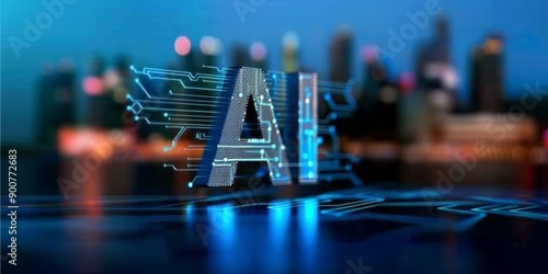 Wallpaper Mural A digital illustration of "AI" in large letters with futuristic icons and circuit patterns floating above Torontodigital.ca