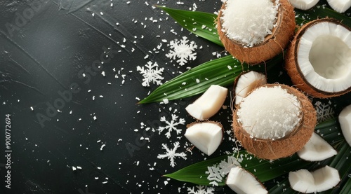 Coconut Halves With Flakes on Black Surface