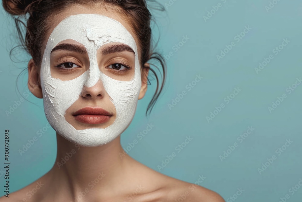 Woman with a white facial mask against a blue background. Close-up shot. Skincare and beauty concept. Generative AI Woman with a white facial mask against a blue background. Close-up shot. Skincare and beauty concept. Generative AI