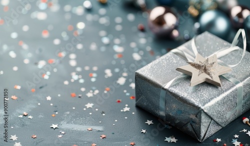 Silver Gift Box With Star Decoration on Grey Background