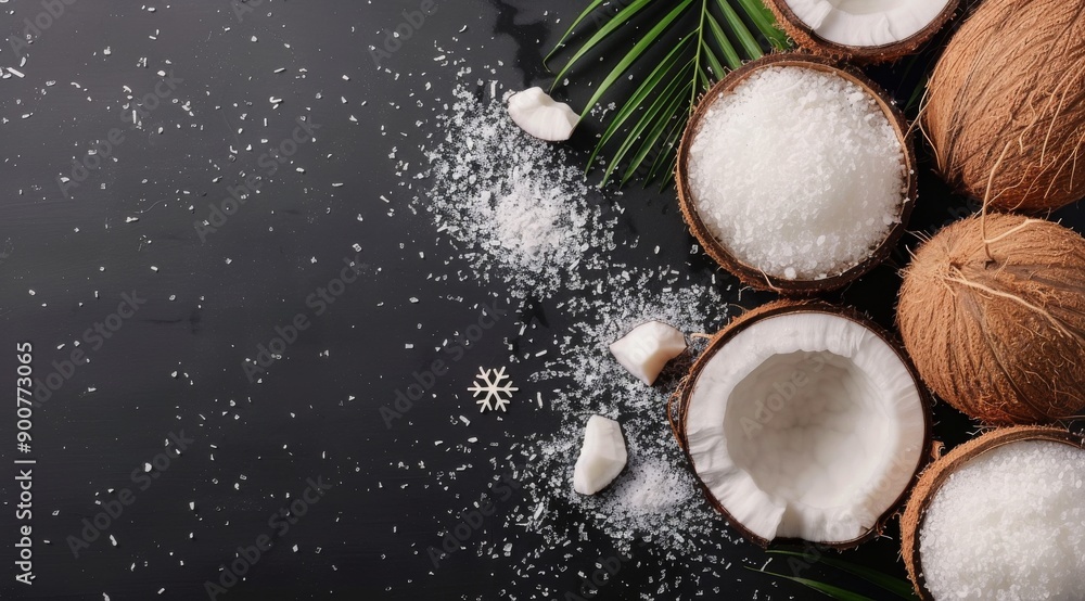 Coconut Halves With Flakes on Black Surface Coconut Halves With Flakes on Black Surface