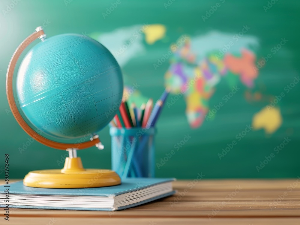 A globe and books on the desk with chalkboard background, A globe and books on the desk with chalkboard background,