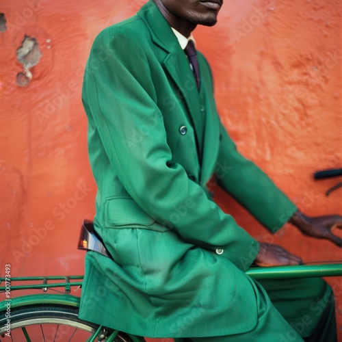 a man in a green suit sitting on a bike photo