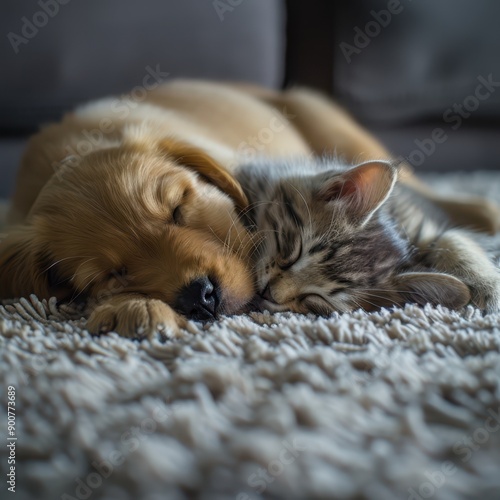 a dog and a cat sleeping on a carpet photo