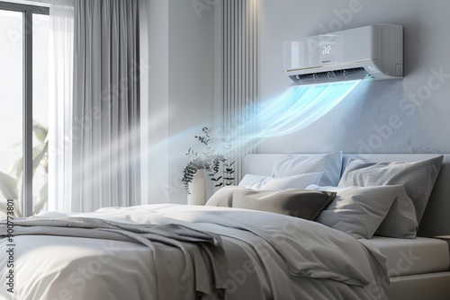 a bedroom with a white bed and a blue air conditioner