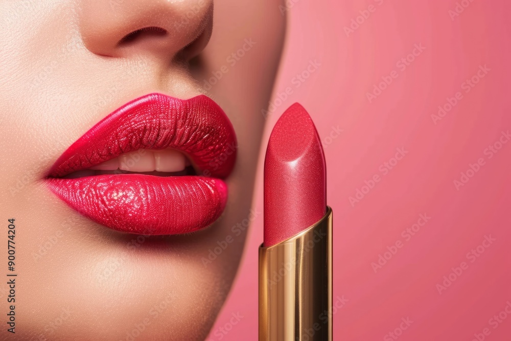 Obraz premium Close-up of woman's lips with pink lipstick and lipstick tube against a pink background. Studio beauty portrait for design and print. Mockup. Generative AI