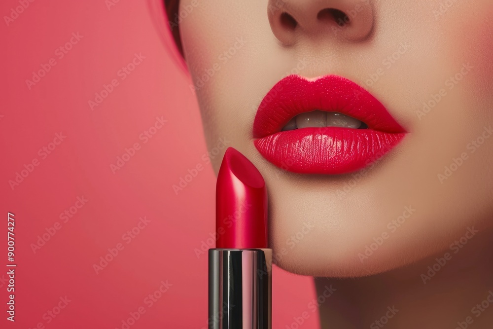 Obraz premium Close-up of woman's lips with red lipstick and lipstick tube against a pink background. Studio beauty portrait for design and print. Cosmetic and makeup concept. Mockup. Generative AI