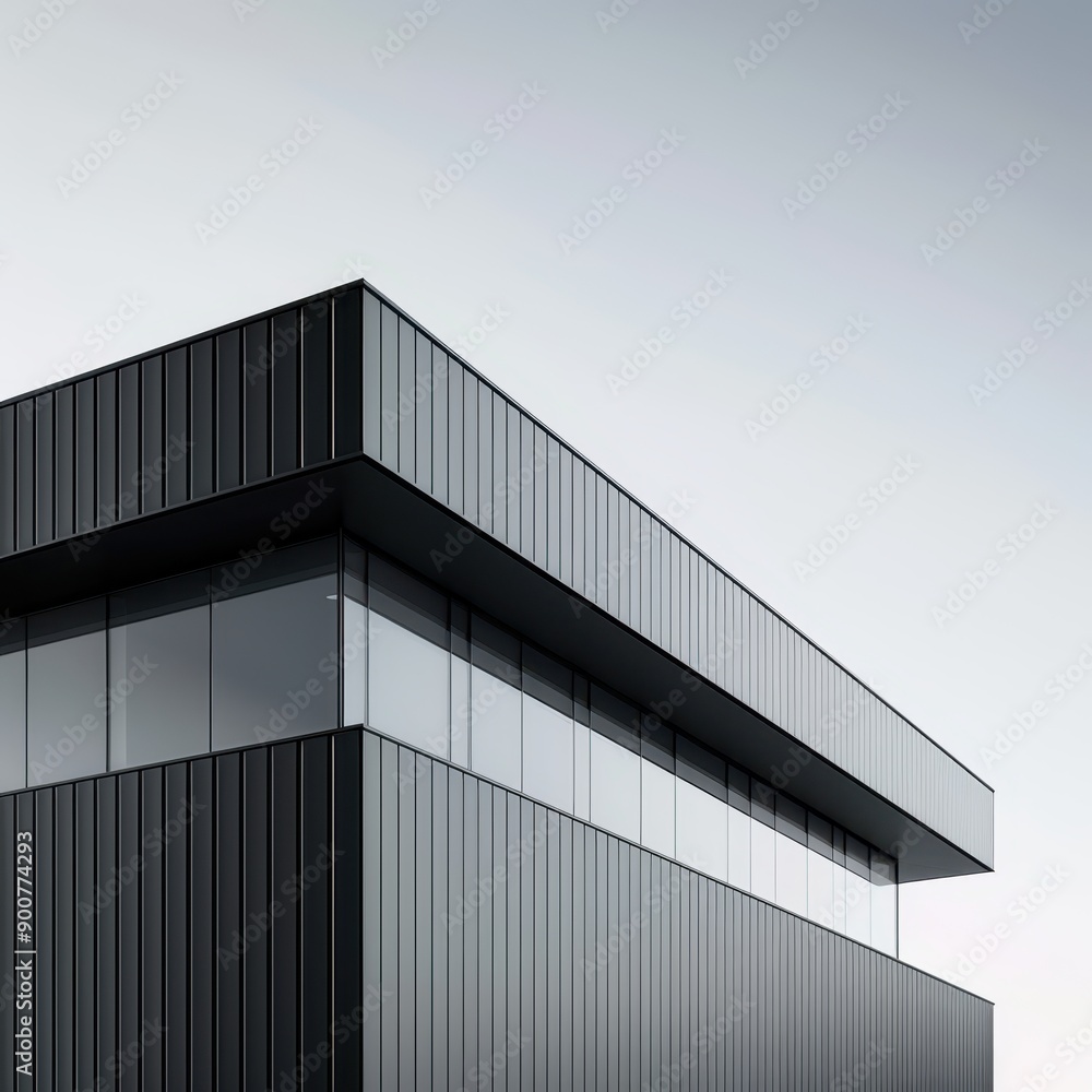 a black building with a large window a black building with a large window