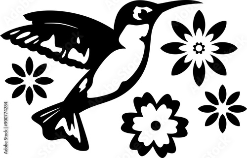 Hummingbird with Flowers Vector Graphic