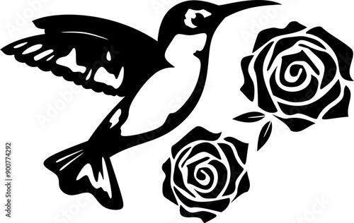 Hummingbird with Flowers Vector Graphic