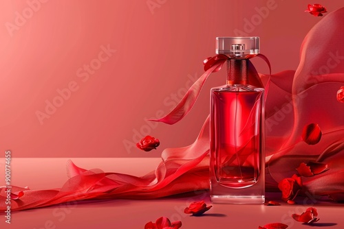 Perfume bottle with red ribbon and rose petals on a red background. Studio still life photography. Romantic fragrance and beauty concept for design and print. Mockup. Generative AI