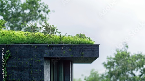 a house with a green roof and a tree photo