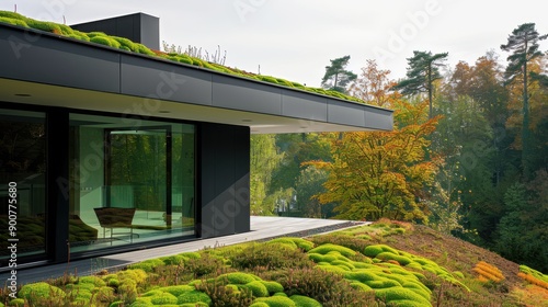 a modern house with a green roof photo