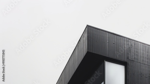 a black building with a white roof and a white sky
