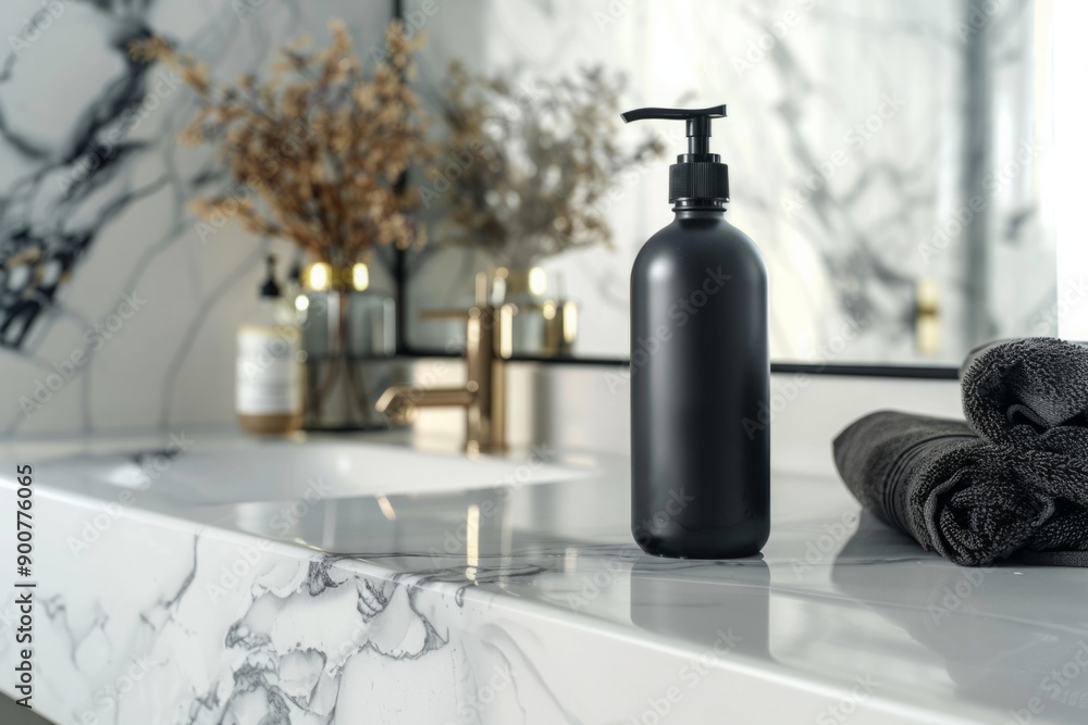 Black soap dispenser and folded towel on marble countertop with dried flowers. Modern bathroom decor. Studio shot for design and print. Mockup. Generative AI Black soap dispenser and folded towel on marble countertop with dried flowers. Modern bathroom decor. Studio shot for design and print. Mockup. Generative AI