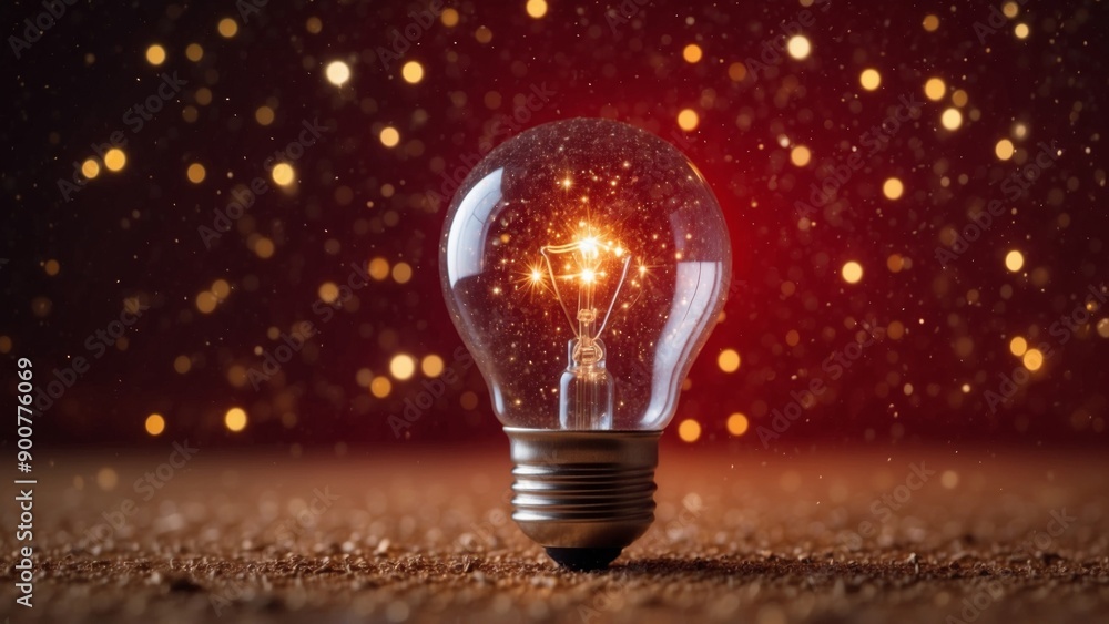 A lit incandescent light bulb on a surface against a sparkling red background A lit incandescent light bulb on a surface against a sparkling red background