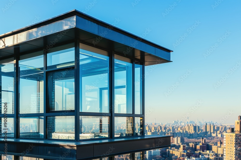 a glass elevator on top of a building overlooking the city a glass elevator on top of a building overlooking the city