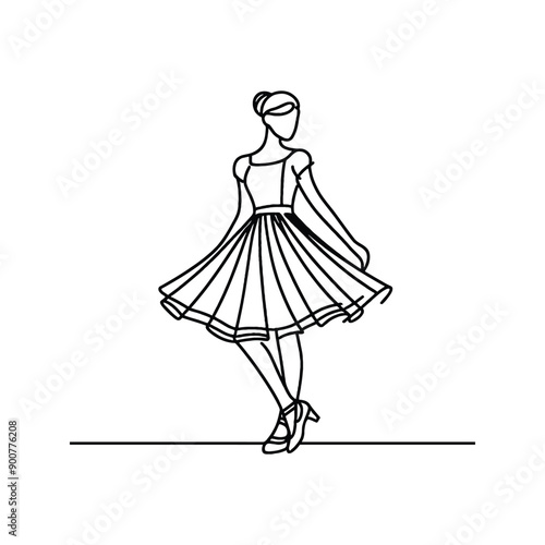 woman wearing retro fashion swing dance dress with a twirly skirt and Mary Jane shoes