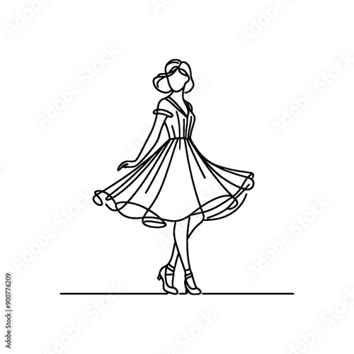 woman wearing retro fashion swing dance dress with a twirly skirt and Mary Jane shoes