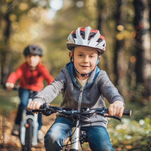 two children riding bikes in the woods