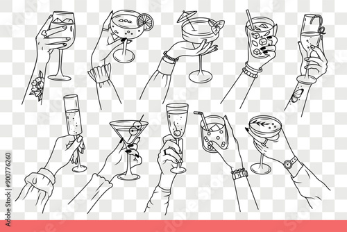Glasses with cocktails and drinks in female hands who bought cold alcoholic drink at bar. Delicious cocktails with pieces of fruit and mint leaves for partygoers in nightclub. Hand drawn doodle