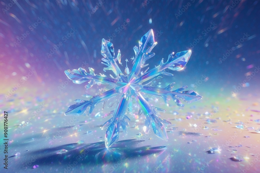 A vibrant, close-up image of a crystal snowflake against a colorful, glowing background A vibrant, close-up image of a crystal snowflake against a colorful, glowing background