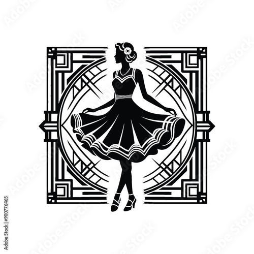 woman wearing retro fashion swing dance dress with a twirly skirt and Mary Jane shoes
