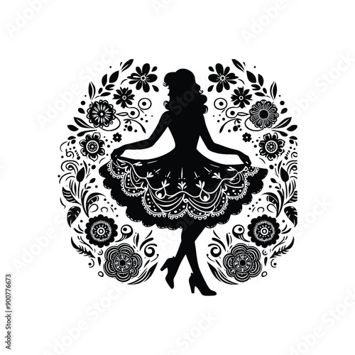 woman wearing retro fashion swing dance dress with a twirly skirt and Mary Jane shoes