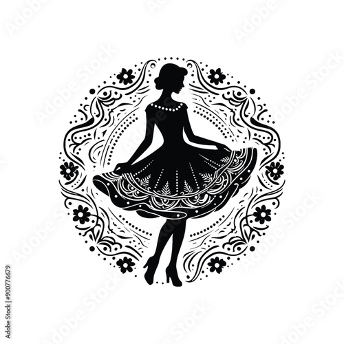 woman wearing retro fashion swing dance dress with a twirly skirt and Mary Jane shoes