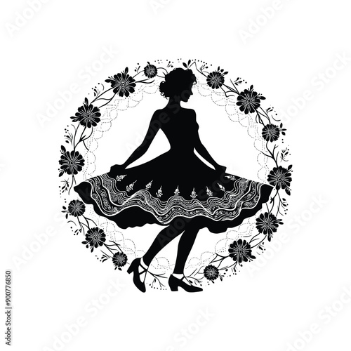 woman wearing retro fashion swing dance dress with a twirly skirt and Mary Jane shoes