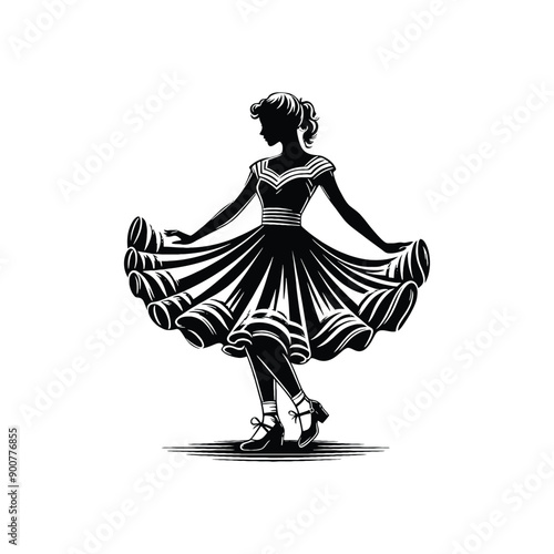 woman wearing retro fashion swing dance dress with a twirly skirt and Mary Jane shoes