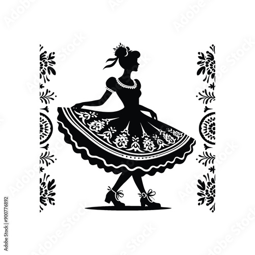 woman wearing retro fashion swing dance dress with a twirly skirt and Mary Jane shoes