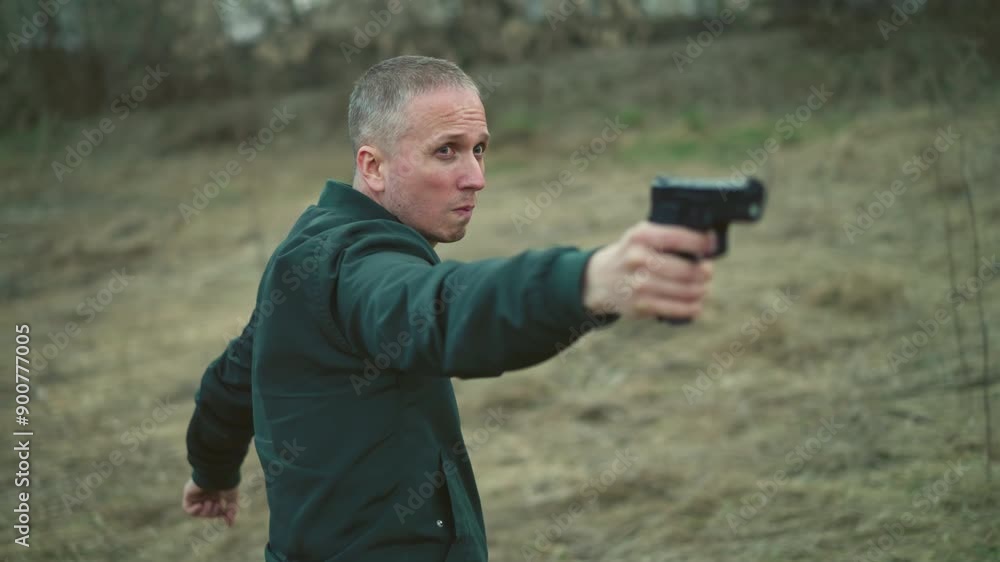 A close view of a man in a green jacket aiming a handgun while turning around in a grassy outdoor setting A close view of a man in a green jacket aiming a handgun while turning around in a grassy outdoor setting