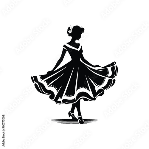 woman wearing retro fashion swing dance dress with a twirly skirt and Mary Jane shoes