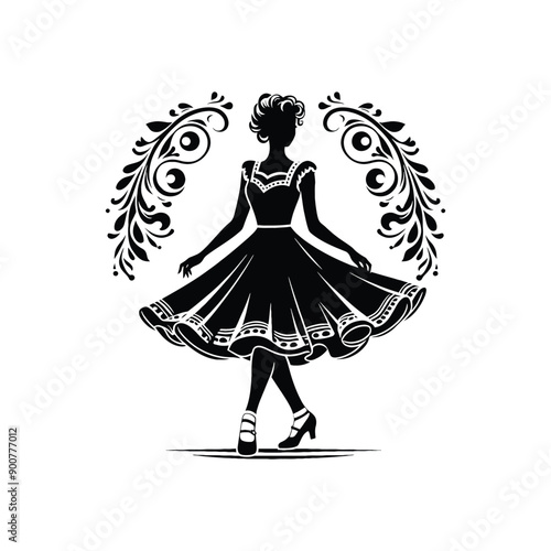 woman wearing retro fashion swing dance dress with a twirly skirt and Mary Jane shoes
