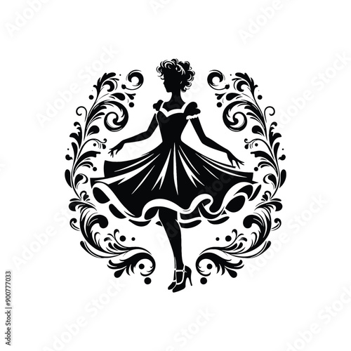 woman wearing retro fashion swing dance dress with a twirly skirt and Mary Jane shoes