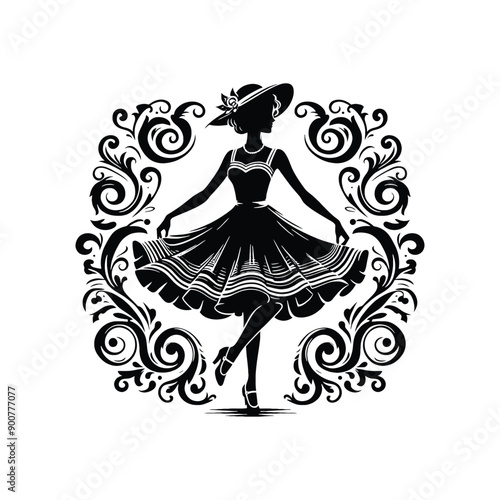 woman wearing retro fashion swing dance dress with a twirly skirt and Mary Jane shoes