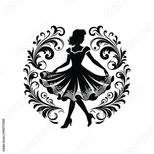 woman wearing retro fashion swing dance dress with a twirly skirt and Mary Jane shoes