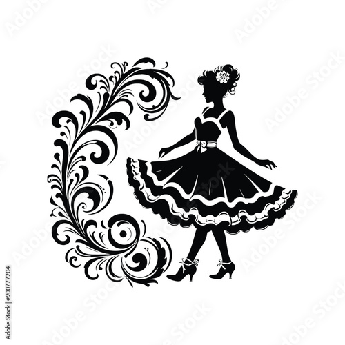 woman wearing retro fashion swing dance dress with a twirly skirt and Mary Jane shoes