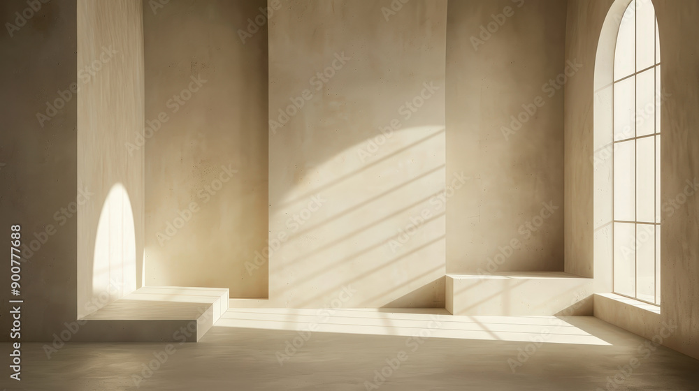 Sunlit Minimalist Room with Arched Window and Shadows Sunlit Minimalist Room with Arched Window and Shadows