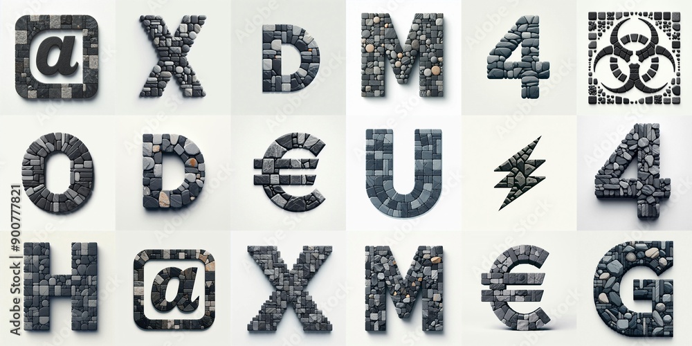 Fototapeta premium Dark gray and red stones Tiling Lettering Typeface. AI generated illustration