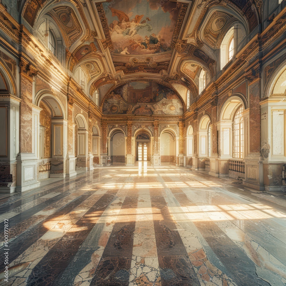 Obraz premium an empty hall with a ceiling painted in gold