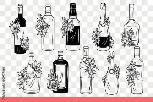 Bottles of alcohol from restaurant bar with wine list are decorated with flower buds. Bottles for vodka and cognac or beer and tequila for party in honor of spring holidays. Hand drawn doodle