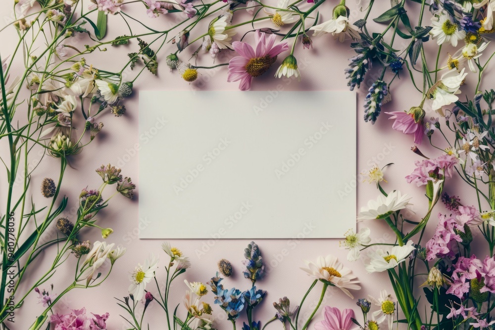 Empty white frame surrounded by various wildflowers on a light pink background. Flat lay mockup photography with copy space for design and print. Mockup. Generative AI Empty white frame surrounded by various wildflowers on a light pink background. Flat lay mockup photography with copy space for design and print. Mockup. Generative AI