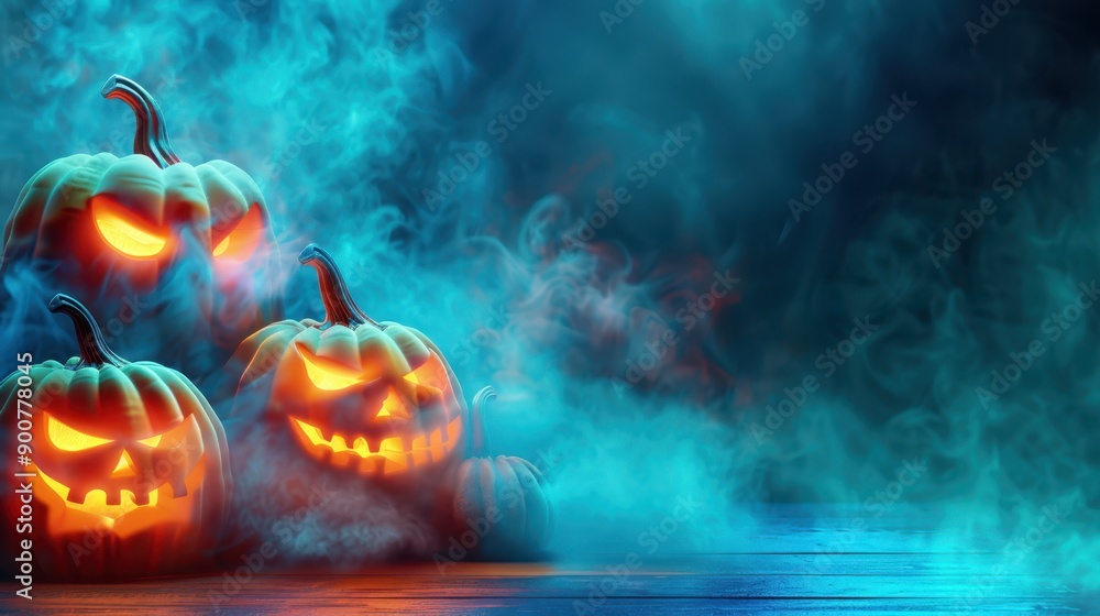 Naklejka premium halloween pumpkins with glowing eyes and smoke